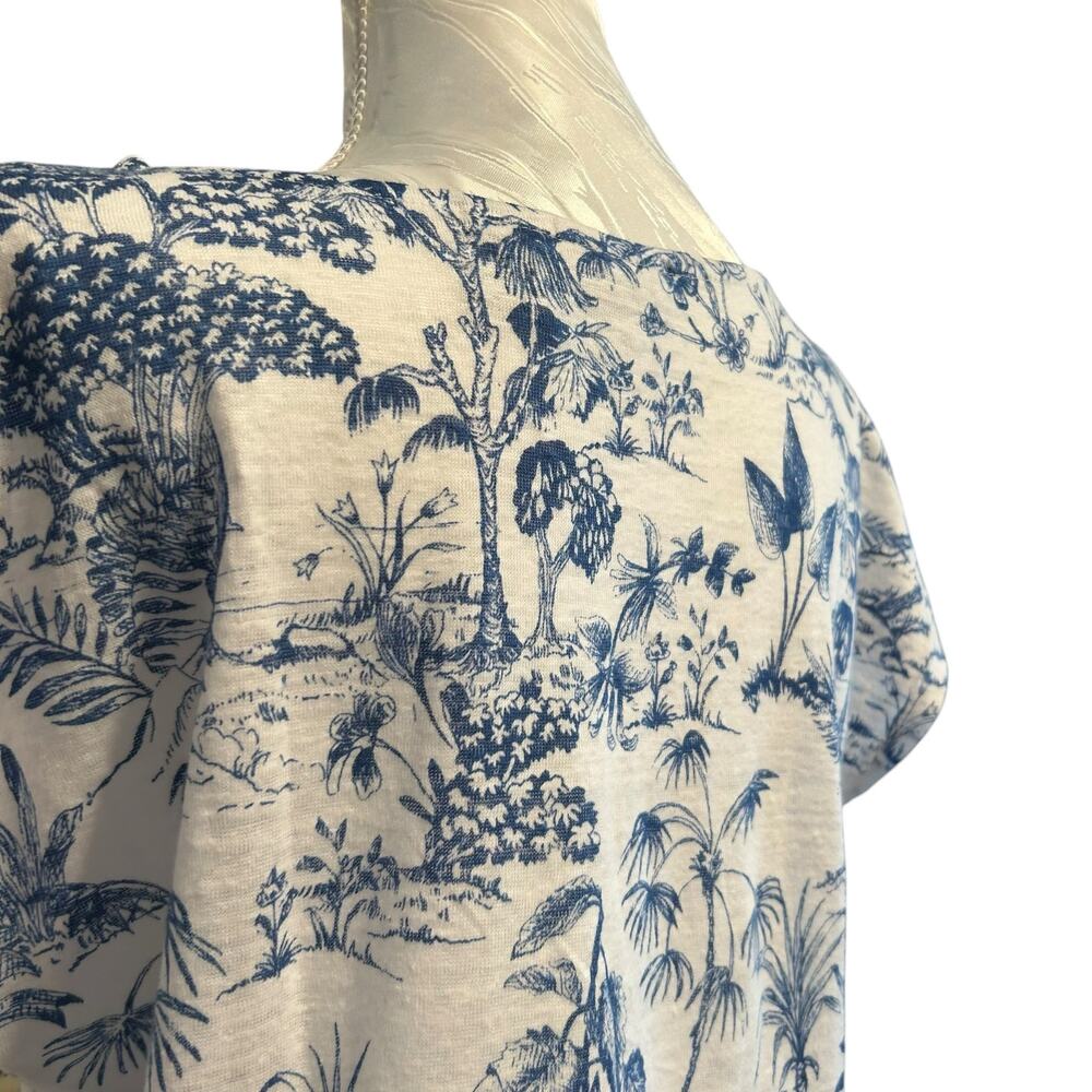 Blue White Linen Tropical Toile Print Cap Sleeve Top Coastal Grandmother S - Picture 12 of 13